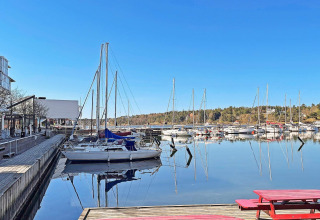 Porticciolo con barche a vela, acqua calma e cielo blu vicino alla cabina presso il sentiero Furufjall, Svezia.
