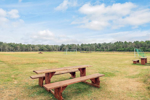 Mesa de picnic en un campo de césped con porterías de fútbol en la casa de vacaciones para 5 personas en Pandrup, Dinamarca.