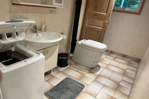 Baño en la cabaña Peaceful Cabin cerca del sendero Furufjall, Suecia, con lavadora, lavabo y inodoro.