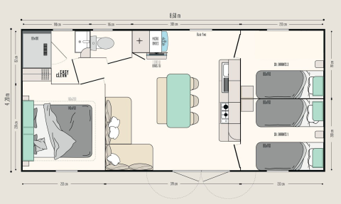 Plattegrond van de Timber Lodge op Eurocamping Vessem BV in Nederland, met indeling en interieur.