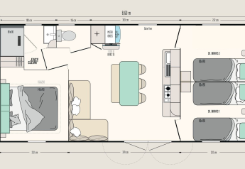 Plattegrond van de Timber Lodge bij Eurocamping Vessem BV in Nederland, met kamerindeling en meubilair.