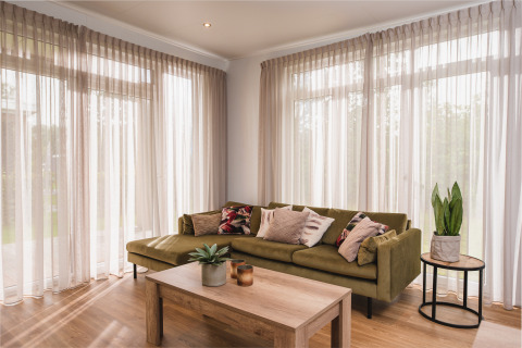 Sala moderna en una cabaña de lujo en Vakantiepark Hölte, Países Bajos, con sofá verde, plantas y ventanas grandes.