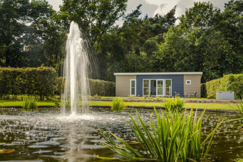 Knusse chalet met moderne uitstraling, grote fontein en vijver, omringd door groene bomen en struiken.