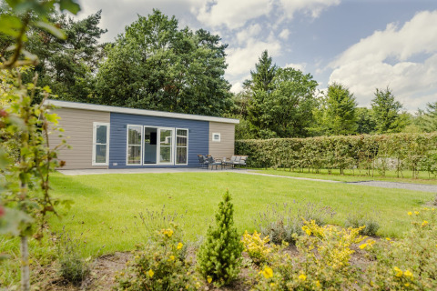 Cabane cosy au Vakantiepark Hölte aux Pays-Bas, pelouse soignée, terrasse et cadre naturel verdoyant.