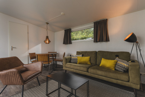 Sala moderna en una cabaña acogedora en Vakantiepark Hölte, Países Bajos, con sofá verde y cojines amarillos.