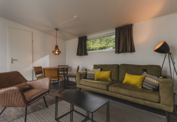 Soggiorno moderno in una cosy cabin al Vakantiepark Hölte, Olanda, con divano verde e cuscini gialli.