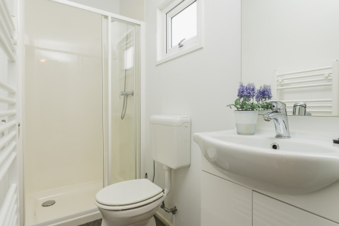 Bagno moderno in una cabina accogliente al Vakantiepark Hölte, Paesi Bassi, con doccia, WC e lavandino.