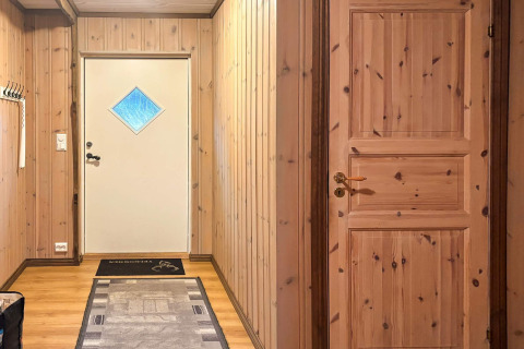 Indgangsparti i lodge '76409 TROLLHYTTA' i Danmark med træpanelvægge, to døre og tæpper.