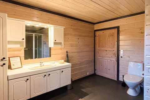 Badeværelse i lodge 76409 TROLLHYTTA i Danmark med træpaneler, hvidt skab, spejl og moderne toilet.