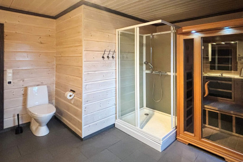 Badeværelse i lodge 76409 TROLLHYTTA, Danmark, med toilet, brusekabine og sauna i træindretning.