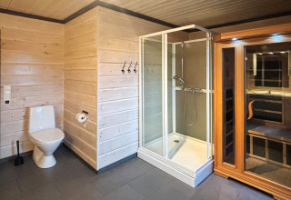 Badeværelse i lodge 76409 TROLLHYTTA, Danmark, med toilet, brusekabine og sauna i træindretning.