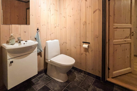 Badeværelse med trævægge, toilet, vask og spejl i en lodge kaldet 76409 TROLLHYTTA i Danmark.