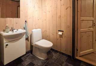 Badeværelse med trævægge, toilet, vask og spejl i en lodge kaldet 76409 TROLLHYTTA i Danmark.