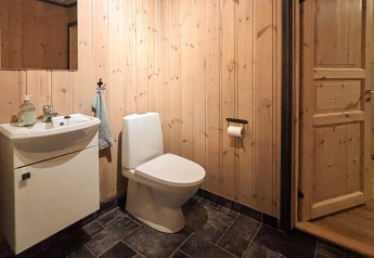 Salle de bain avec murs en bois, toilettes, lavabo et miroir dans le lodge 76409 TROLLHYTTA au Danemark.