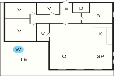 Plantegning af 76409 TROLLHYTTA lodge i Danmark med markerede værelser, køkken og terrasse.