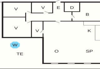 Plantegning af 76409 TROLLHYTTA lodge i Danmark med markerede værelser, køkken og terrasse.
