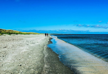 Wide sandy beach and clear blue sea at Seaside Bliss in albaek, Denmark, with people walking by the water.