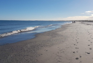 Stille strand ved Seaside Bliss i Albaek, Danmark, med blåt hav, sand og fodspor under en klar himmel.