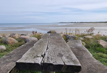 Træbord og bænk ved stranden på Seaside Bliss i Albaek, Danmark, med udsigt over hav og himmel.