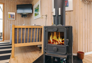 Estufa de leña acogedora en sala con paredes de madera, cama y TV en Seaside Bliss en Albaek, Dinamarca.