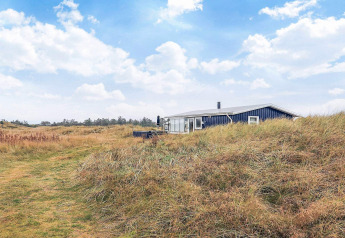 Seaside Bliss lodge in albaek, Denmark, nestled among grassy dunes under a bright blue sky with clouds.