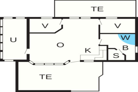 Plantegning af Seaside Bliss i Albaek, Danmark, med værelser markeret: TE, V, U, K, S, B og W.