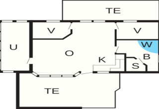 Plan du lodge Seaside Bliss à Albaek, Danemark, avec pièces identifiées TE, V, U, K, S, B et W.