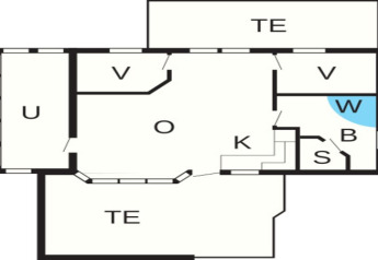 Plan du lodge Seaside Bliss à Albaek, Danemark, avec pièces identifiées TE, V, U, K, S, B et W.