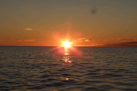 Tramonto sul mare visto da ENGVIK HYTTA 83699 in Svezia, con onde leggere e cielo arancione luminoso.