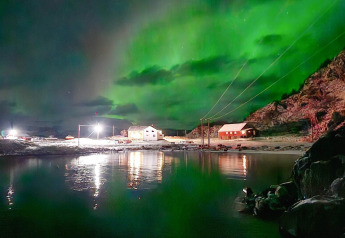 Imagen de la aurora boreal sobre Engvik Hytta 83699 en Suecia, con cabañas iluminadas y reflejo en el agua.