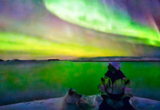 Persona davanti alla ENGVIK HYTTA 83699 in Svezia che osserva l'aurora boreale nel cielo notturno.