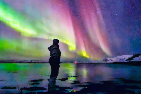 Persona osserva l'aurora boreale presso il lago vicino Engvik Hytta 83699 in Svezia sotto un cielo colorato.