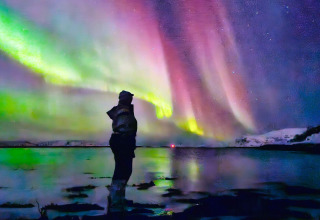 Persona osserva l'aurora boreale presso il lago vicino Engvik Hytta 83699 in Svezia sotto un cielo colorato.
