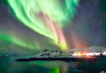 Noorderlicht boven een besneeuwd eiland en verlichte hut bij Engvik Hytta 83699 in Zweden in de nacht.