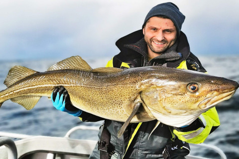 Uomo con abbigliamento da pesca tiene un grosso merluzzo vicino a ENGVIK HYTTA 83699 in Svezia.