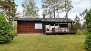 Ferienhaus für 4 Personen in Frändefors, umgeben von grünem Rasen und hohen Bäumen im Hintergrund.