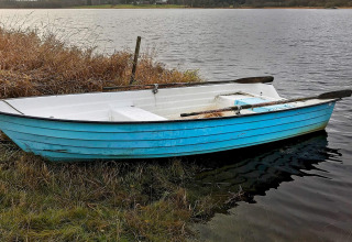 Blå og hvid robåd ligger ved bredden af søen nær siv i nærheden af hytten i Frändefors, Sverige.