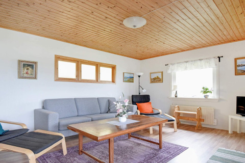 Sala de estar con techo de madera, muebles modernos y ventanas grandes en una cabaña para 4 personas en Frändefors, Suecia.