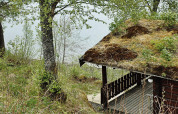 Chalet avec toit végétalisé surplombant un lac, entouré d’arbres, dans un cadre paisible en Suède.