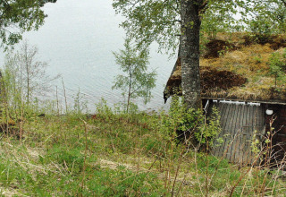 Groen chalet met grasdak aan het meer in Surna, Zweden, omgeven door bomen en weelderig groen.