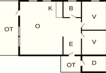 Plan du "gîte 4 personnes à Surna" en Suède, montrant la disposition des pièces et espaces de rangement.