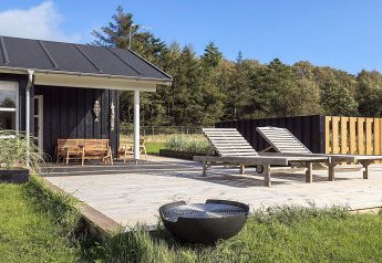 Terrasse en bois avec transats et barbecue devant maison de vacances à Øster Assels, Danemark, nature autour.