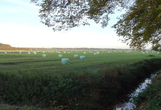 Vue sur un champ avec des balles de foin rondes près d’une maison de vacances à Øster Assels, Danemark.