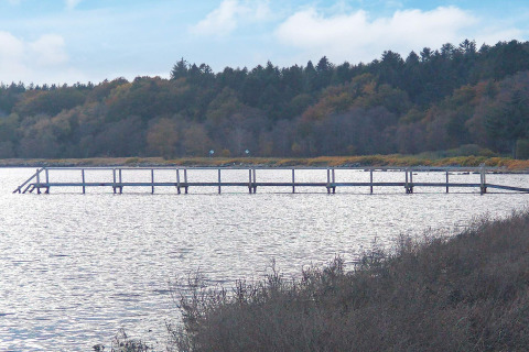 Langer Holzsteg über einen See an einem Ferienhaus in Øster Assels, Dänemark, mit Wald im Hintergrund.