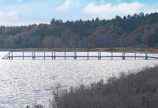 Vue sur une longue jetée en bois sur un lac près d'une maison de vacances à Øster Assels, Danemark.