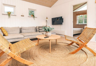 Lichte, moderne woonkamer in een vakantiewoning in Øster Assels, Denemarken, met comfortabele zithoek.