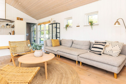 Acogedora sala de estar en una casa de vacaciones en Øster Assels, Dinamarca, con decoración escandinava moderna.