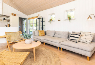 Luminoso soggiorno in una casa vacanze a Øster Assels, Danimarca, con elegante arredamento scandinavo moderno.