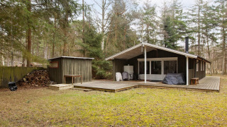 Buitenfoto van een 6-persoons vakantiehuis in Store Fuglede met houten terras en bosrijke omgeving.