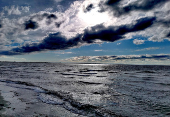 Bølgende hav og dramatisk himmel med skyer set fra stranden ved Store Fuglede-området i Danmark.